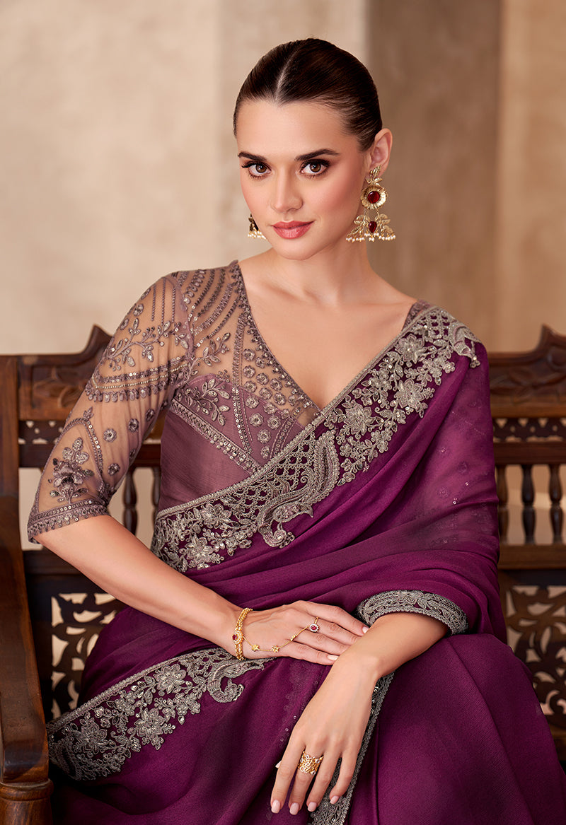 Burgundy Satin Chiffon Saree with Embroidery and Border
