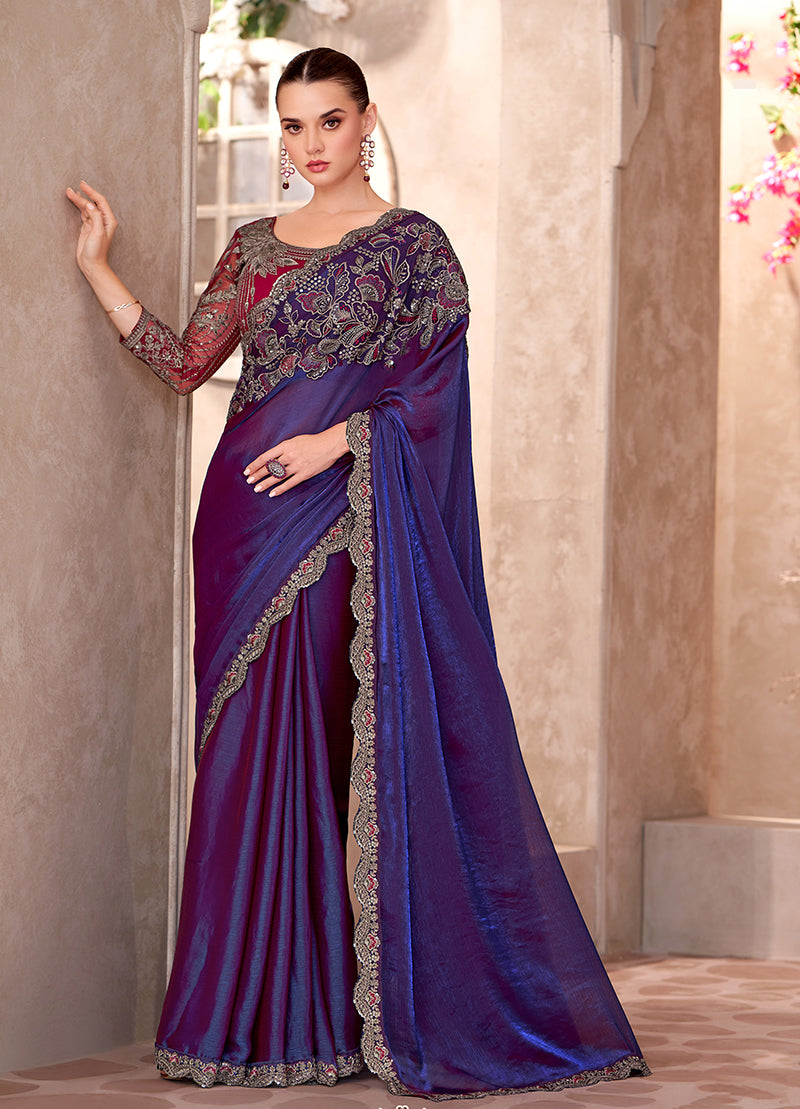 Violet chiffon silk party wear saree with floral embroidery and lace border