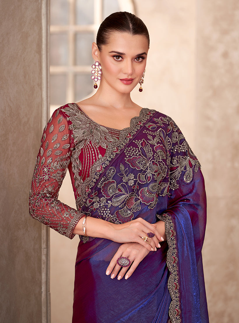 Violet Floral Embroidery Chiffon Silk Party Saree