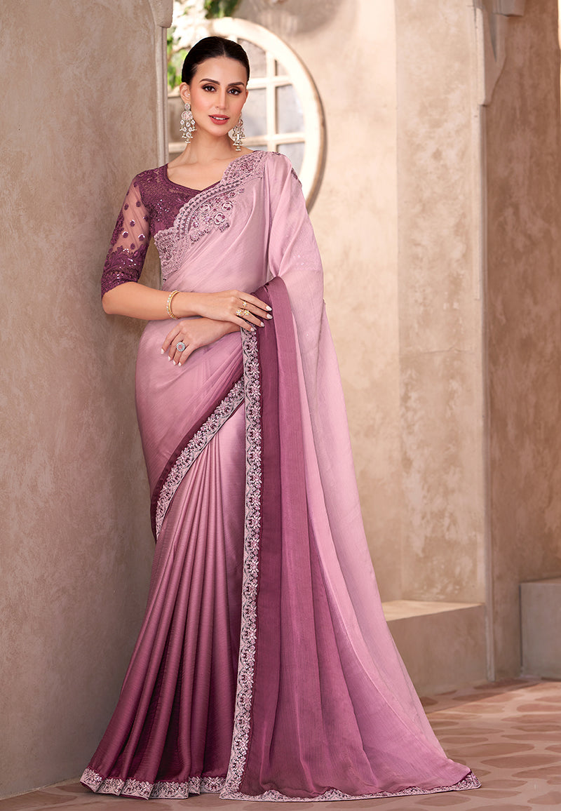 Multicolor chiffon silk saree with intricate embroidery and lace border for party wear