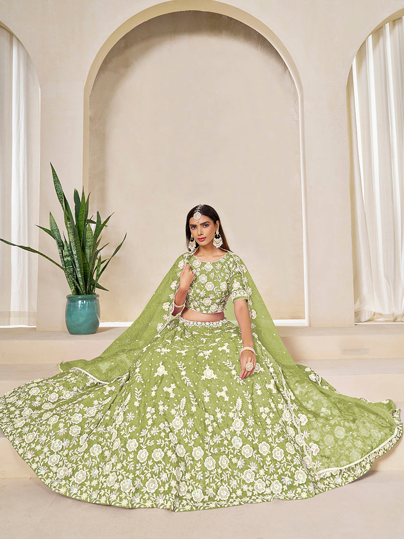Light Olive Embroidered Crush Organza Lehenga Choli Set