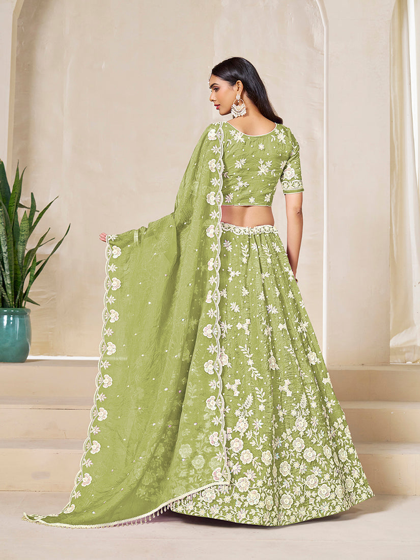 Light Olive Embroidered Crush Organza Lehenga Choli Set