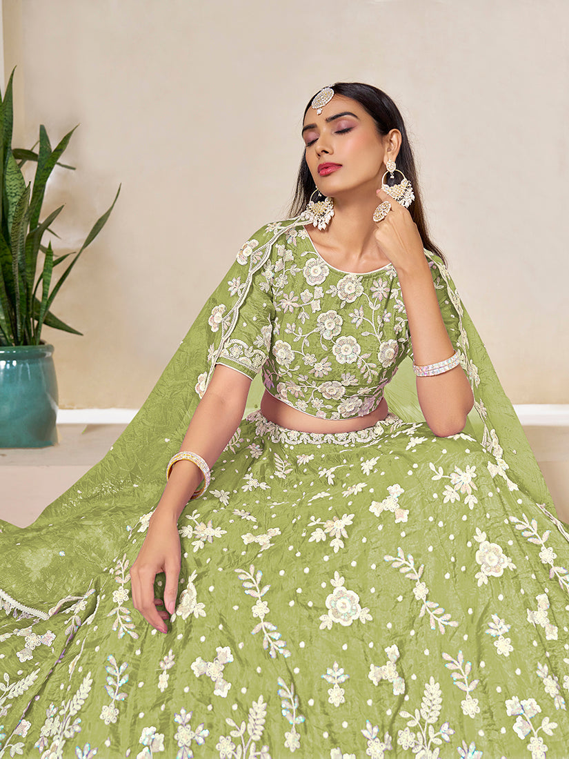 Light Olive Embroidered Crush Organza Lehenga Choli Set