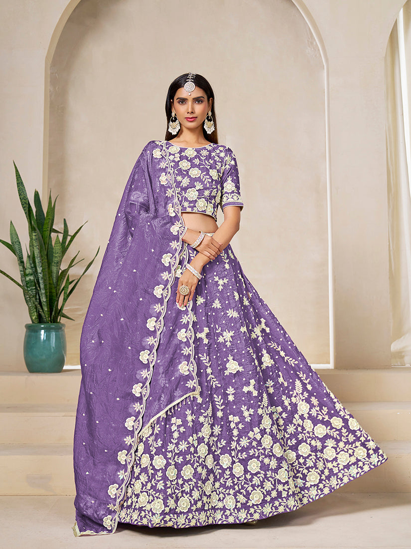 Monjolika Fashion Light Purple Embroidered Crush Organza Lehenga Choli