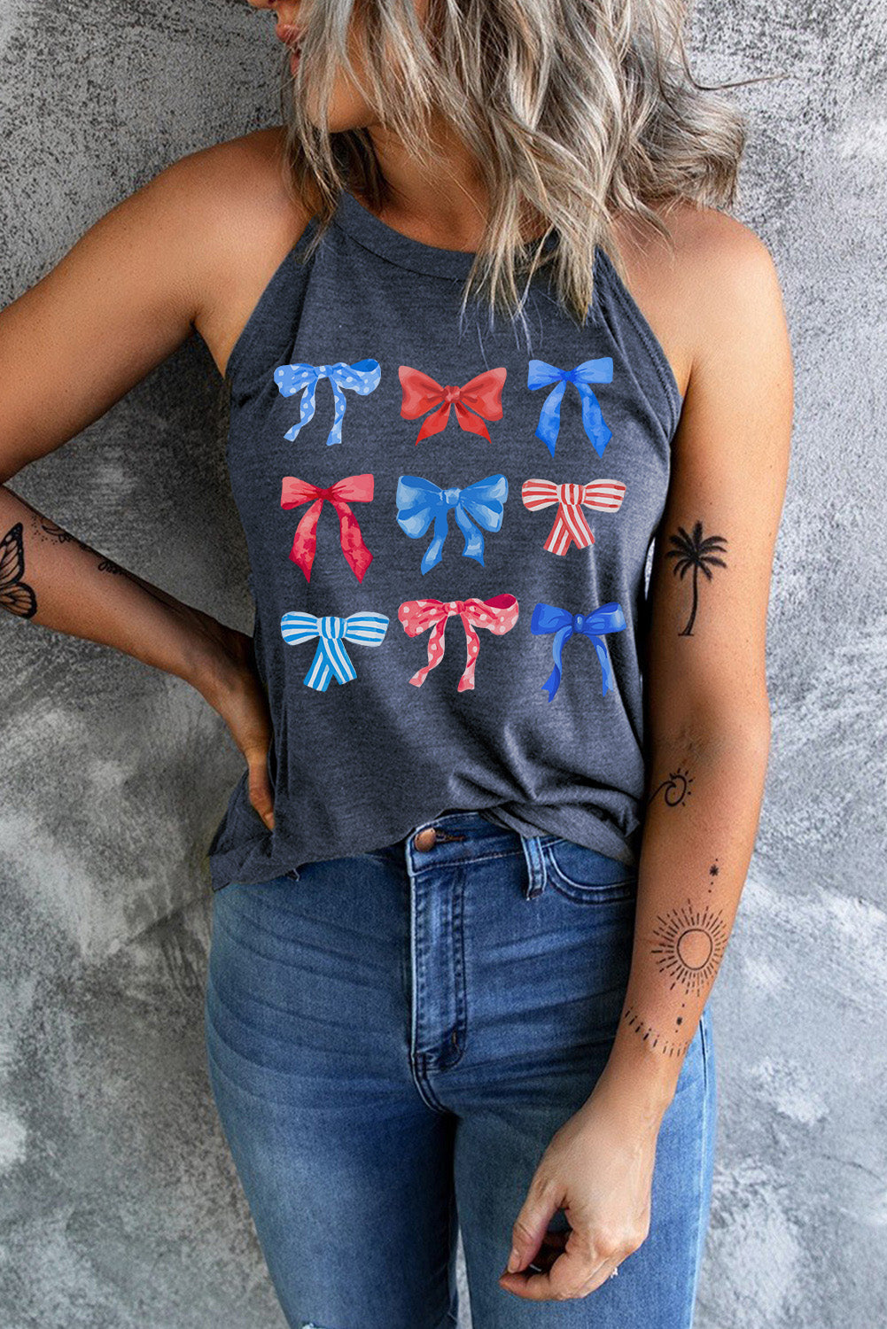 Charcoal Grey Graphic Bow Print Round Neck Sleeveless Tank Top - Image 2