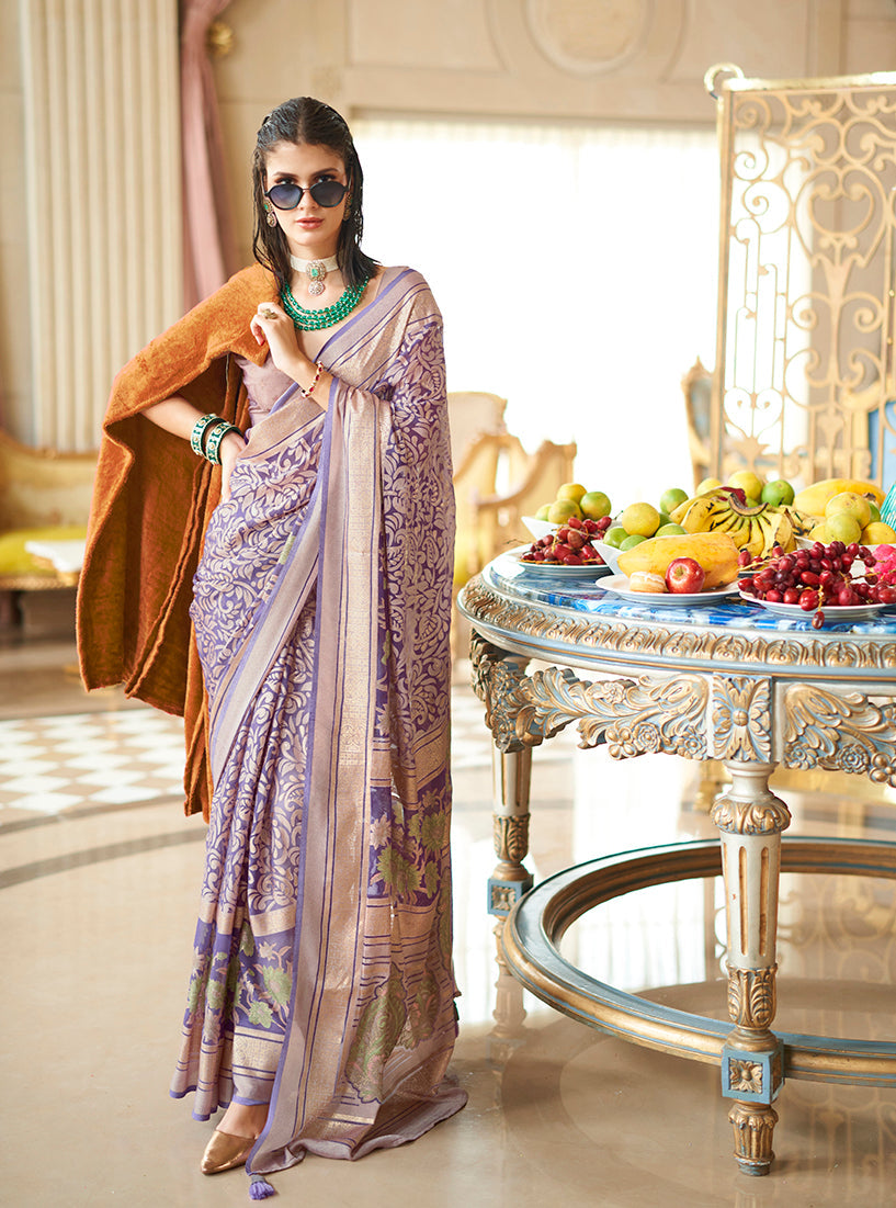 Elegant Lavender Georgette Saree with fancy foil print and woven work