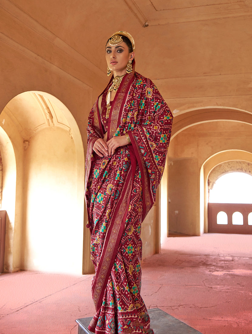 Maroon Silk Patola Print Saree for Traditional Festivals