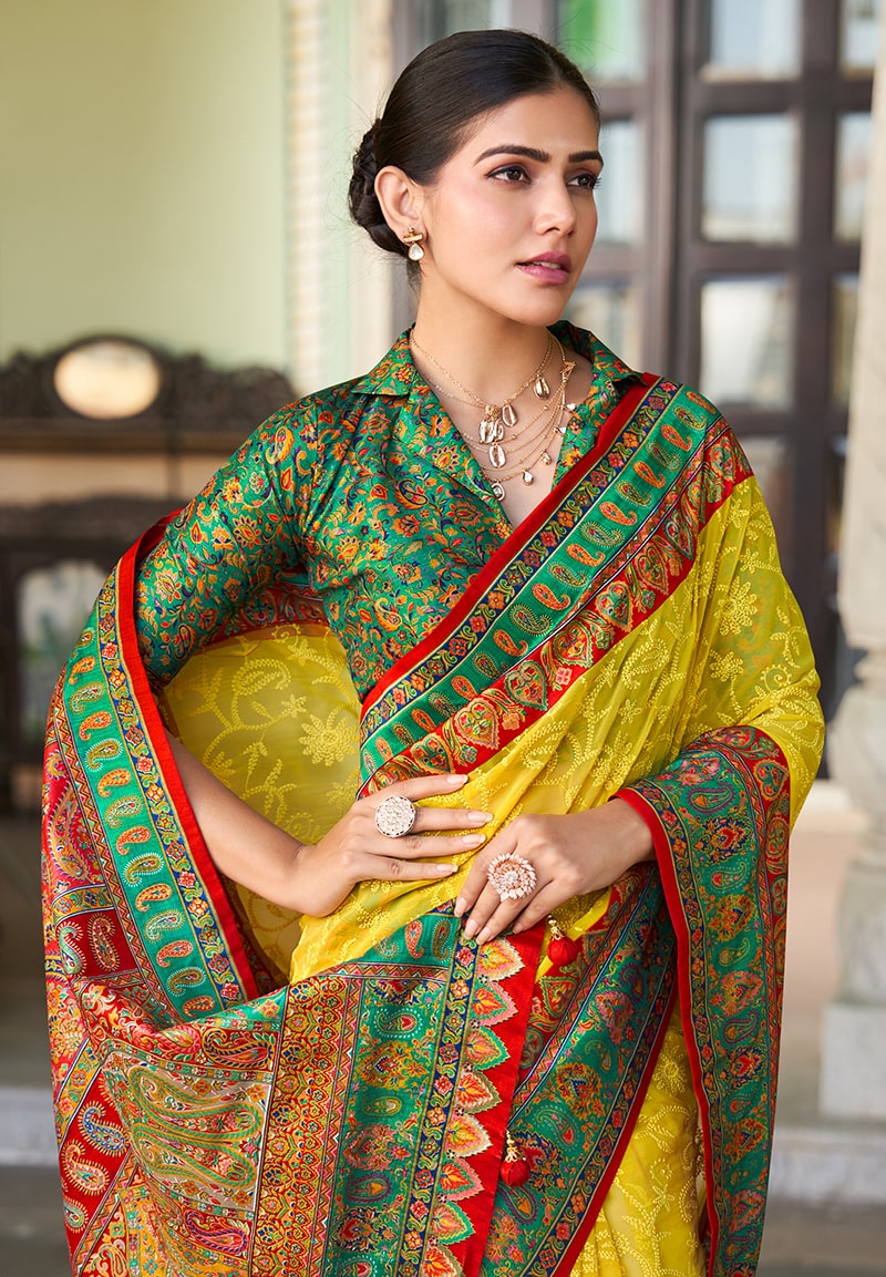 Mustard Lucknowi Viscose Georgette Saree with Foil Print