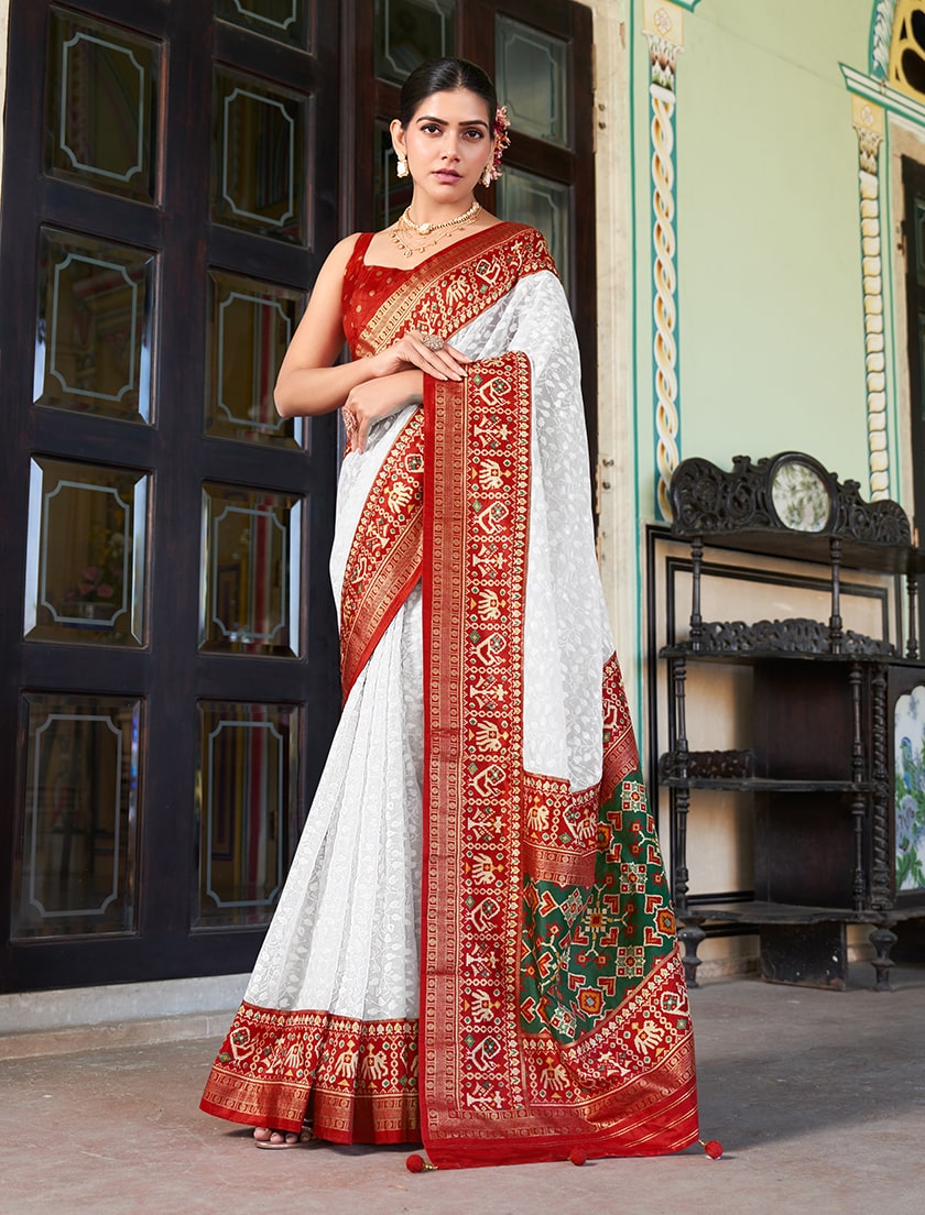 Elegant white Lucknowi viscose georgette saree with subtle foil print