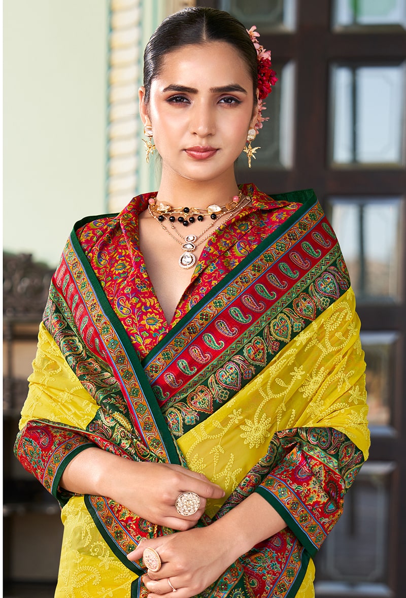Yellow Lucknowi Viscose Georgette Saree with Foil Print