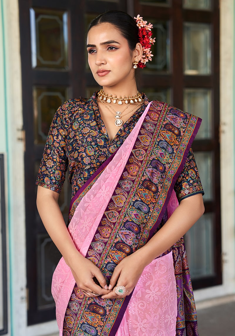 Light Pink Lucknowi Viscose Georgette Saree with Foil Print