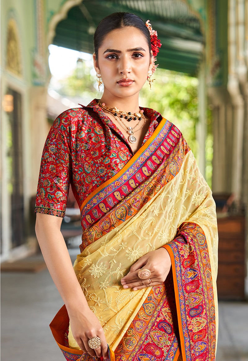 Pastel Yellow Lucknowi Viscose Georgette Saree with Foil Print