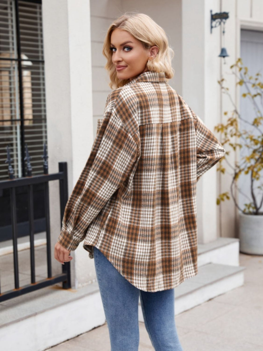 Women's Plaid Button-Down Shirt Oversized Casual Long Sleeve Top - Image 10