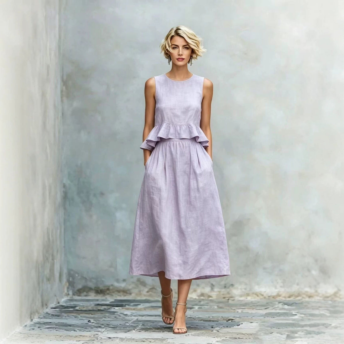 Women's Sleeveless High-Waist Ruffle Trim Maxi Dress