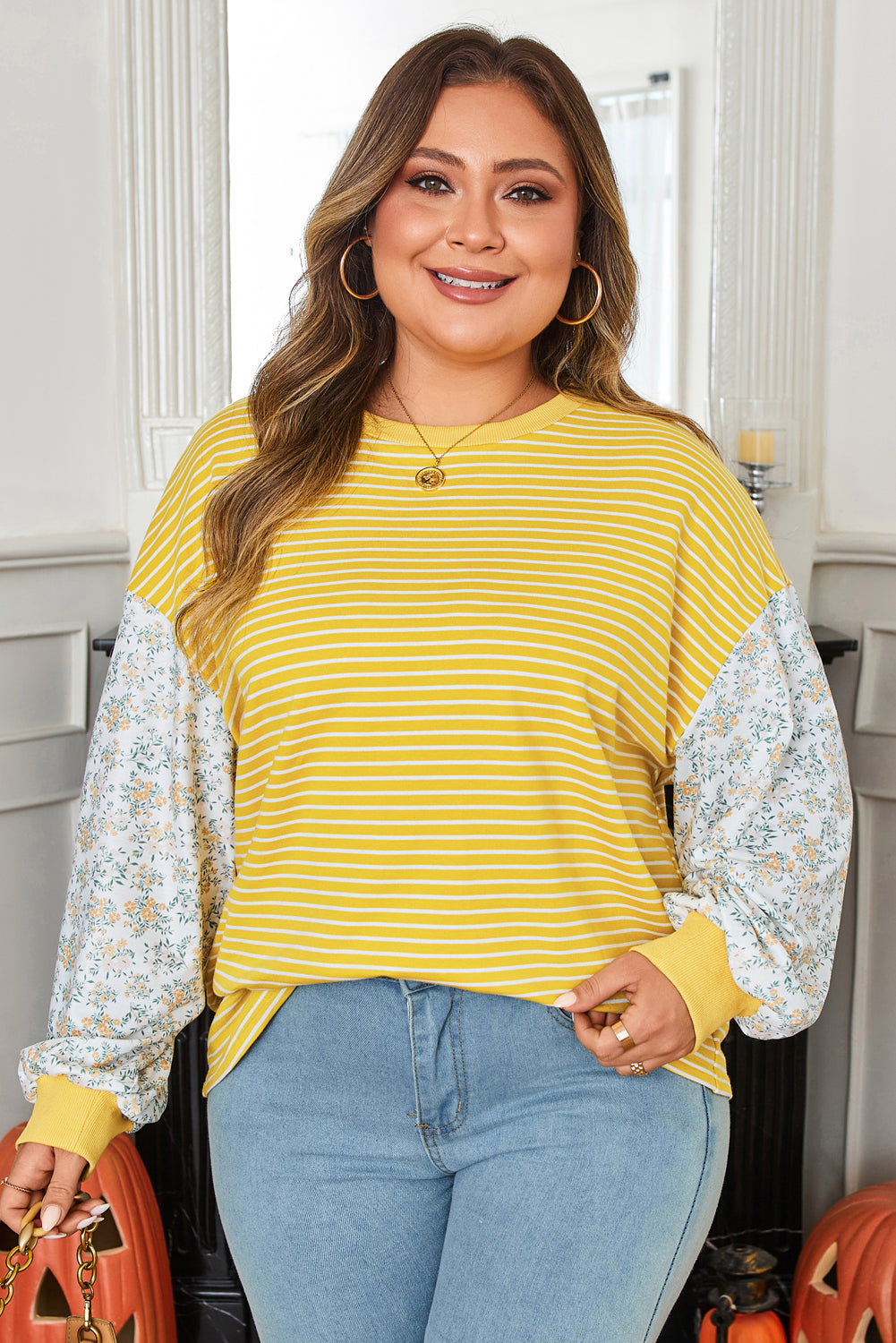 Yellow Stripe Floral Patchwork Long Sleeve Crewneck Top