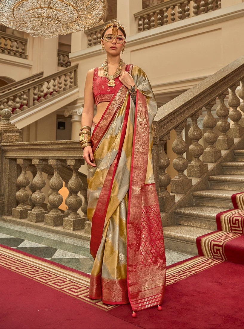 Model wearing a vibrant multi-color satin saree with traditional weaving print and elegant drape