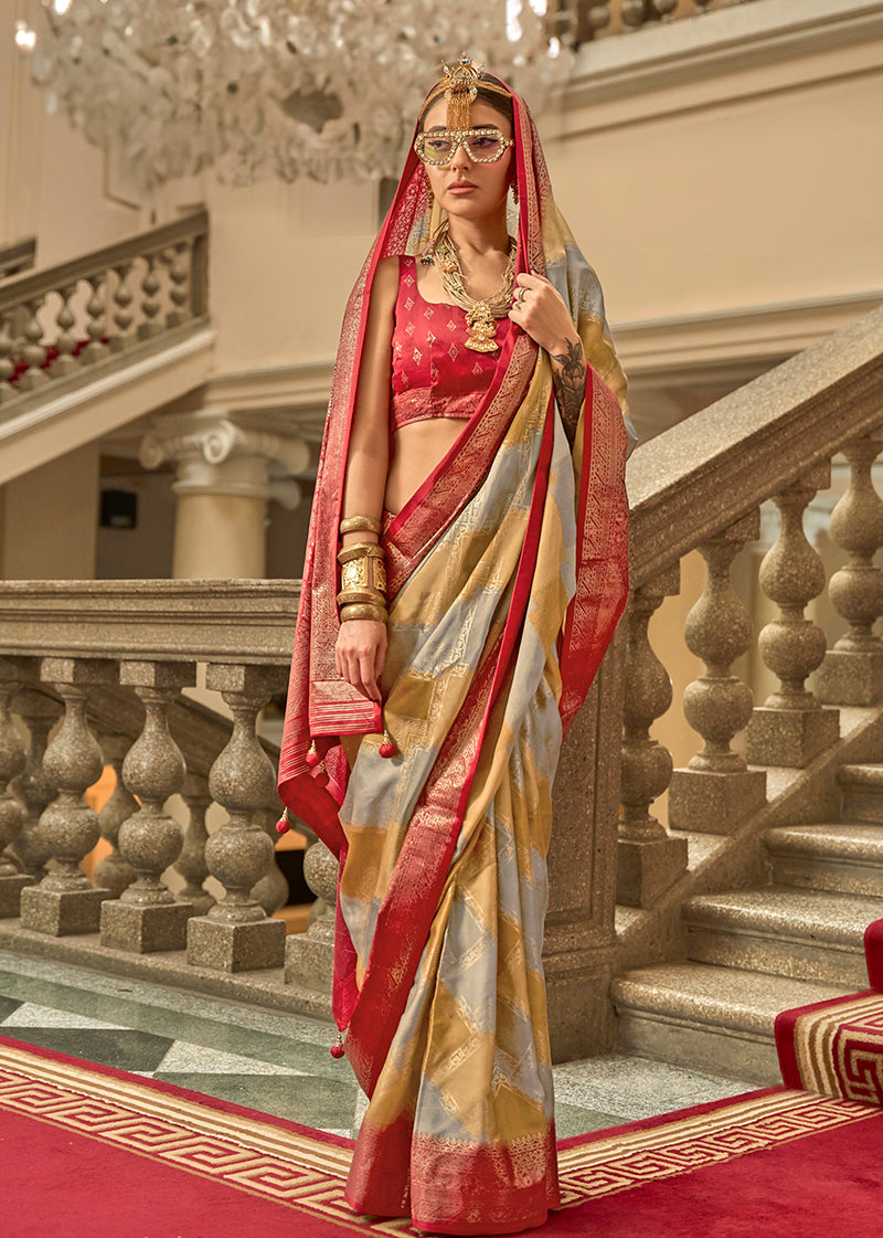 Multi-Color Satin Saree with Elegant Traditional Weaving Print