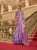 Lavender satin classic saree with intricate woven print details