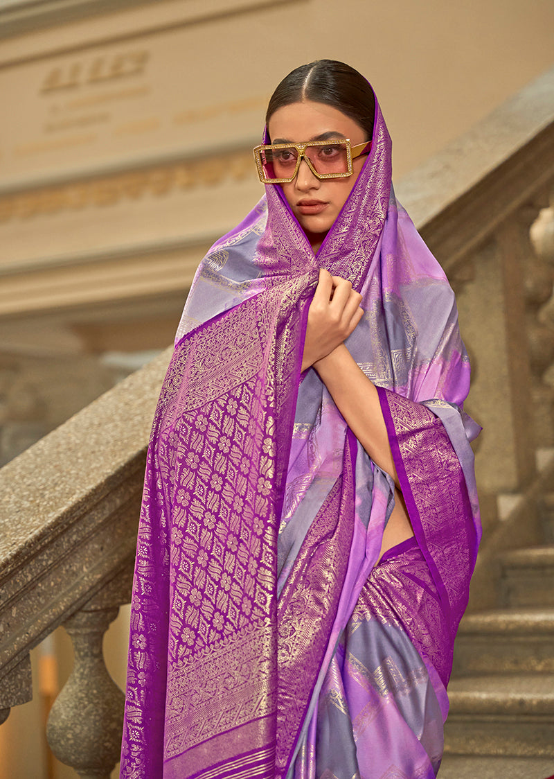 Lavender Satin Weaving Print Classic Saree with Graceful Drape