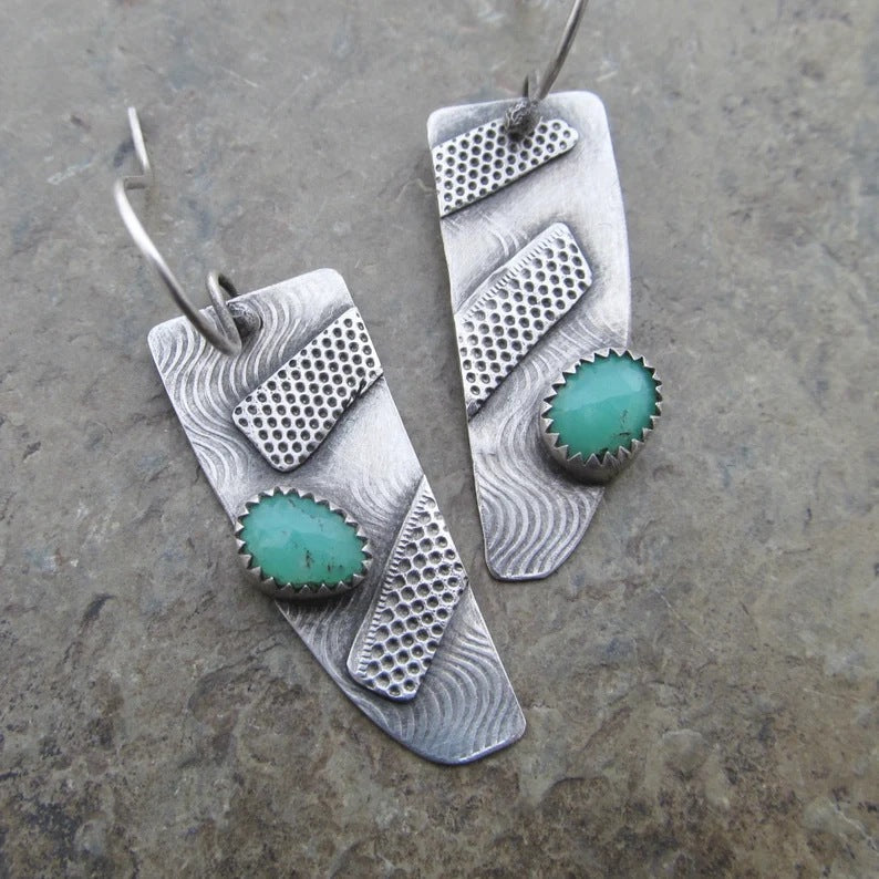 Retro Geometric Carved Pendant Earrings Turquoise Ear Jewelry