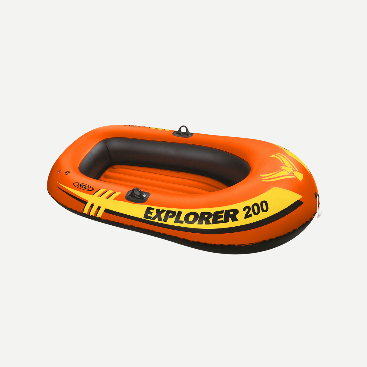 Orange and yellow Explorer 200 inflatable two-person boat on a plain background