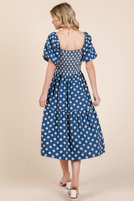 Romantic Floral Embroidered Puff Sleeve Tiered Midi Dress