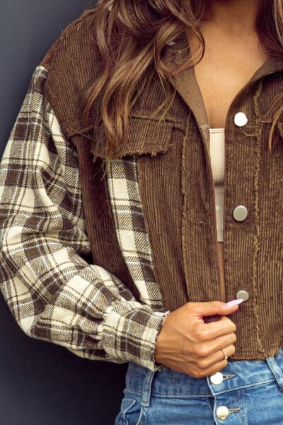 Raw Hem Plaid Cropped Hooded Jacket Buttoned Casual Outerwear