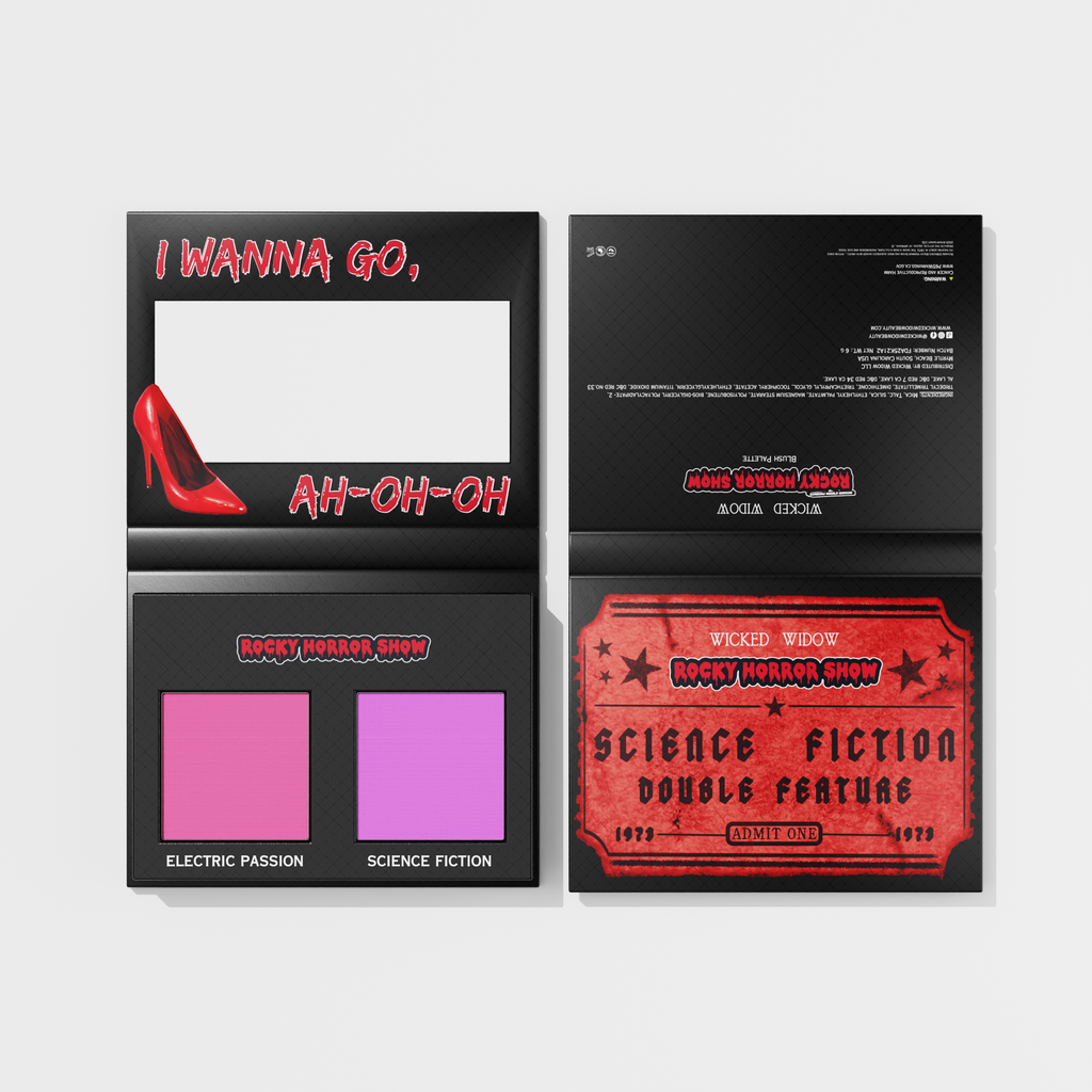 Rocky Horror Show Blush Duo Palette featuring two matte pink shades in a branded compact with a mirror.