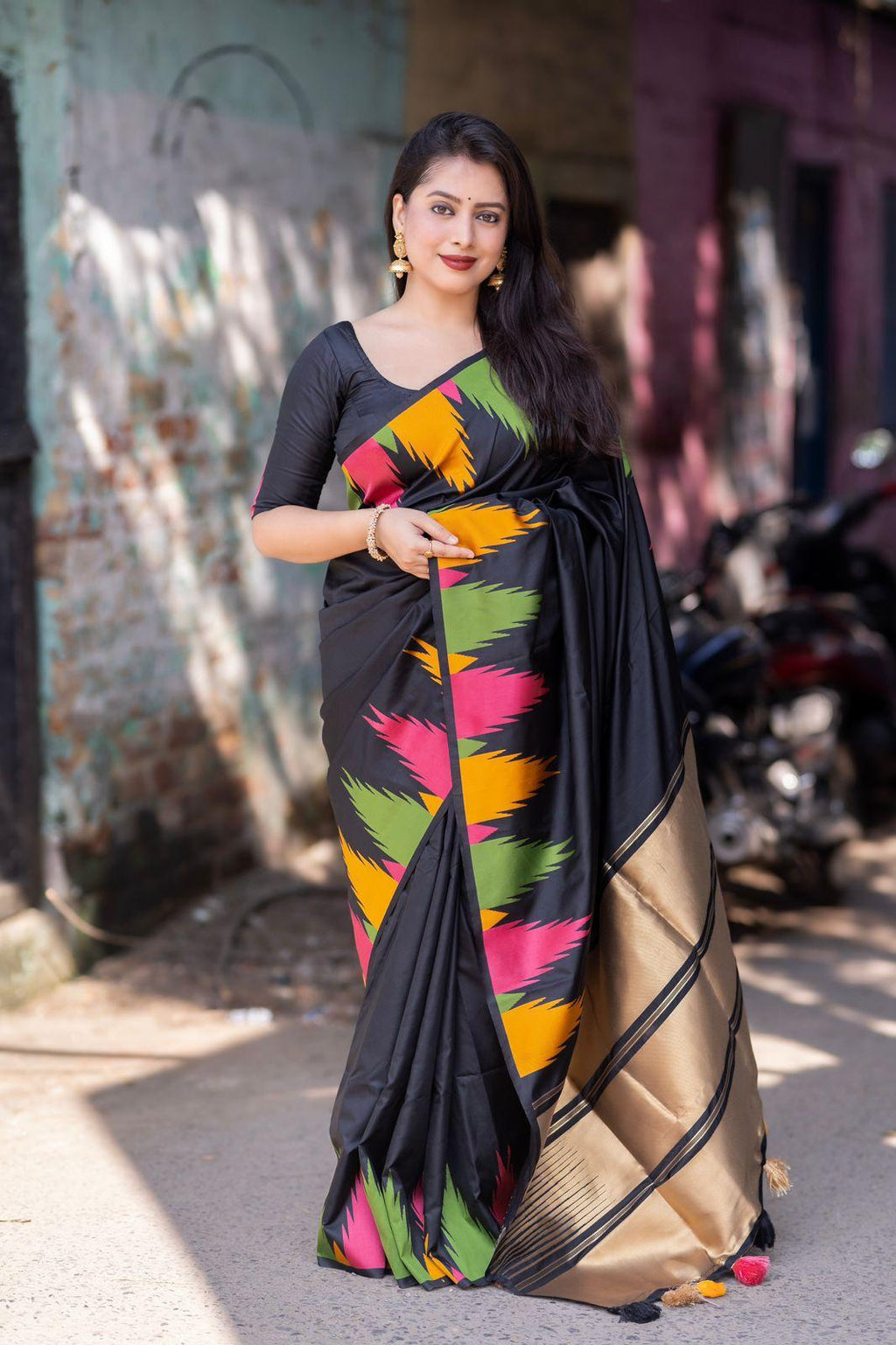 Black polycotton saree with temple woven design and ivory blouse
