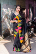 Black polycotton saree with temple woven design and ivory blouse
