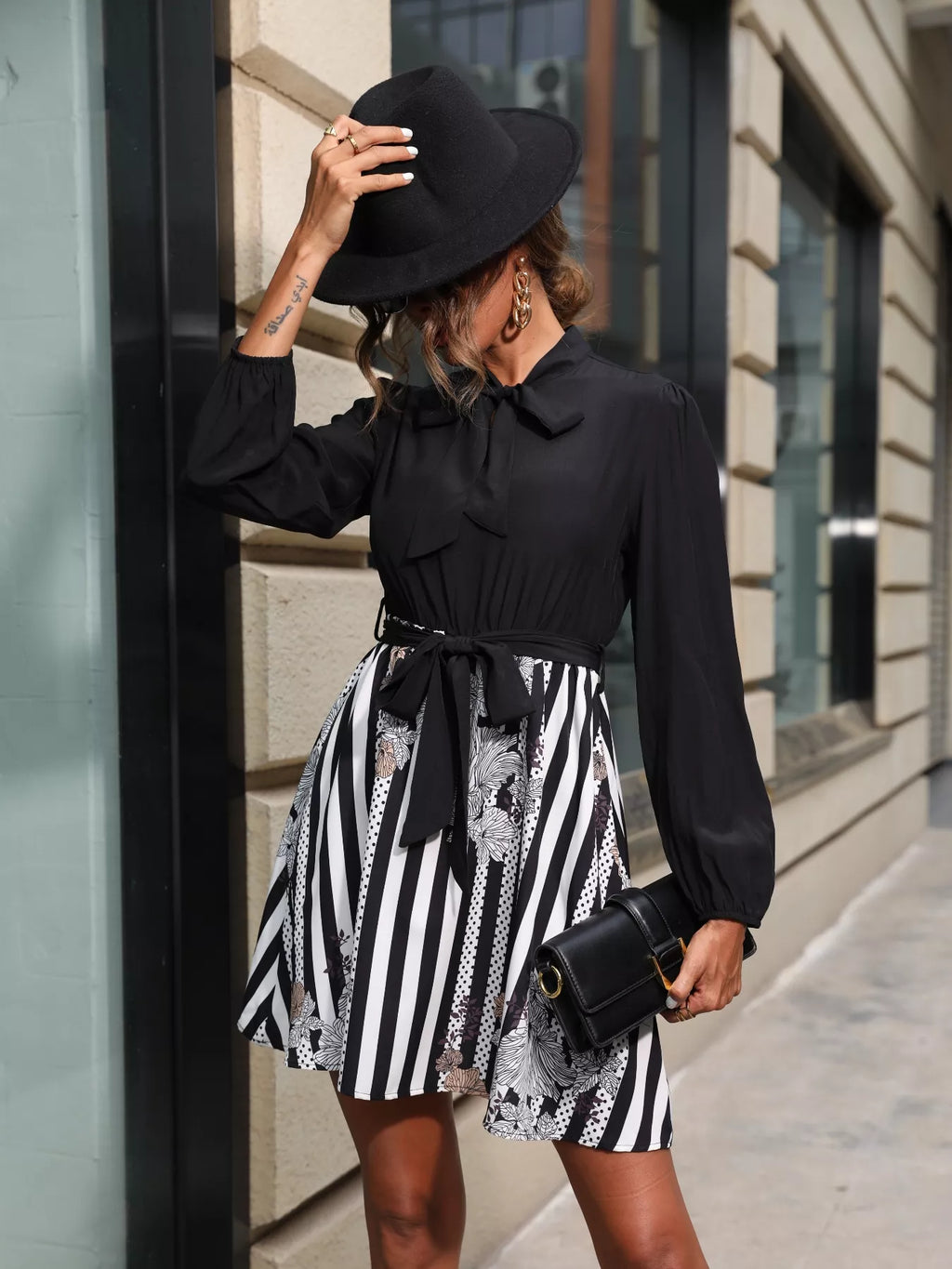 Striped Tie Front Long Sleeve Mini Dress