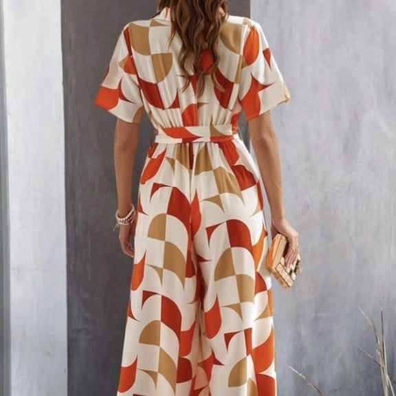 Women's Geometric Print Lace-Up Shirt Jumpsuit in MU