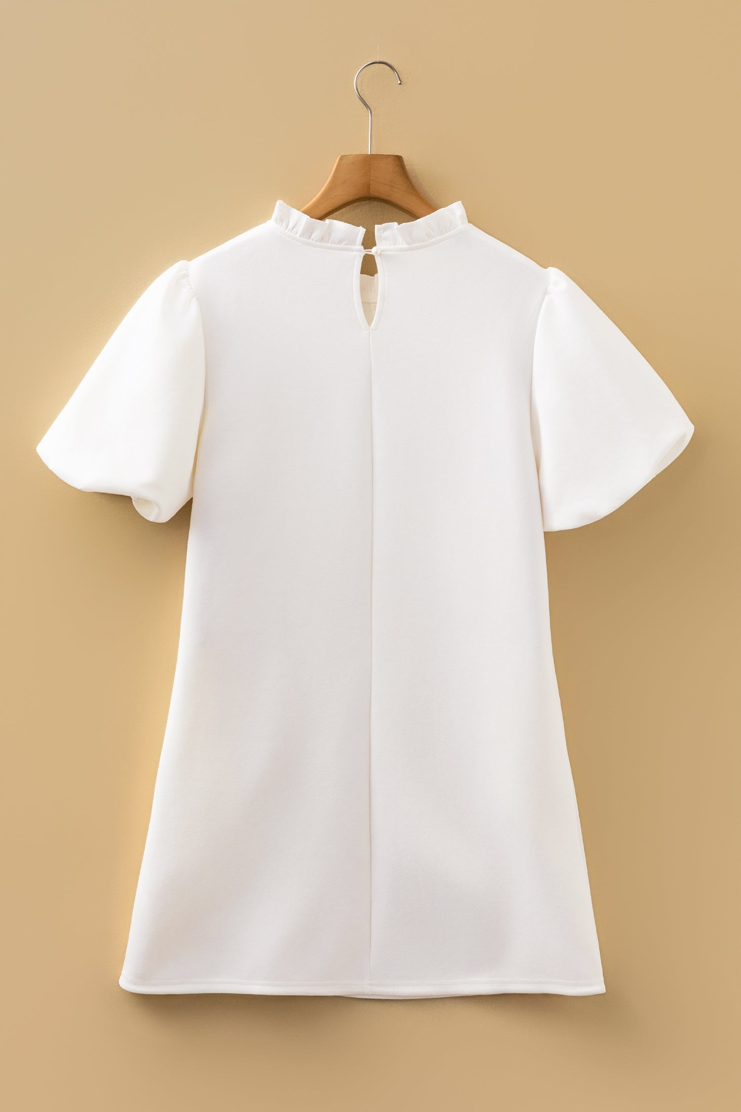 White Mini Shift Dress with Frilled Neck and Puff Sleeves - Image 8