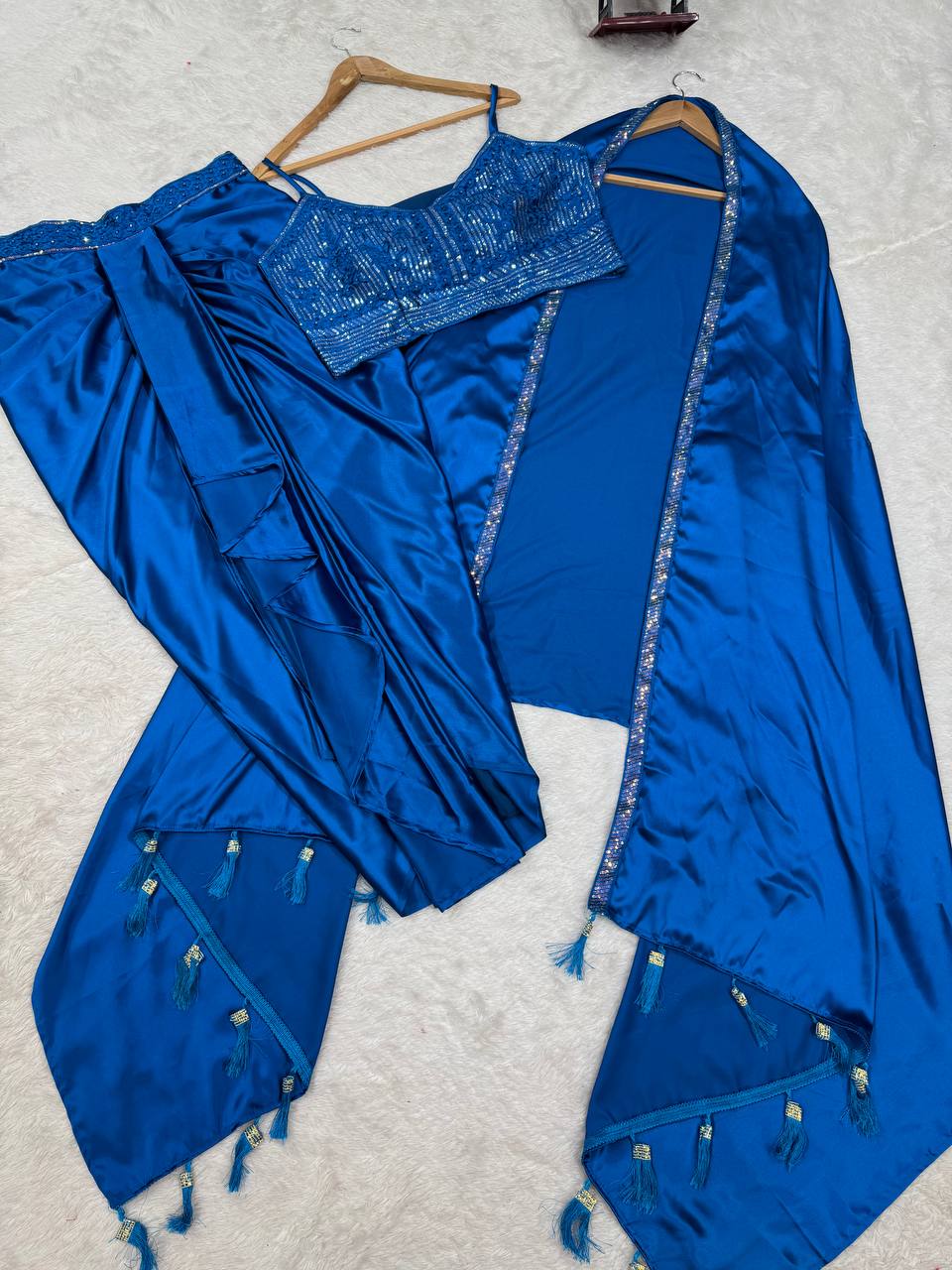Blue Satin Silk Western Dhoti Set with Thread Sequence and Shrug