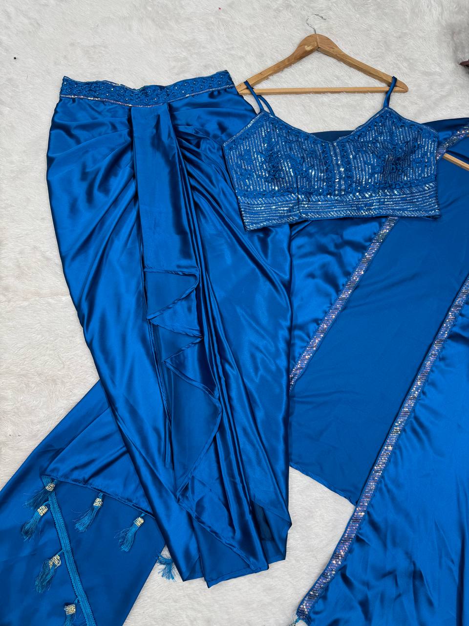 Blue Satin Silk Western Dhoti Set with Thread Sequence and Shrug