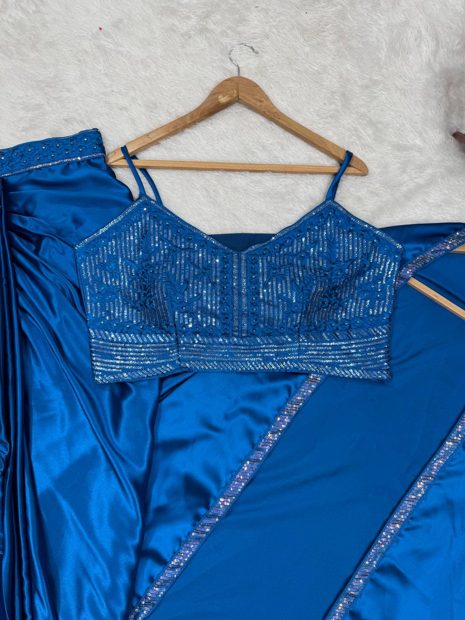 Blue Satin Silk Western Dhoti Set with Thread Sequence and Shrug