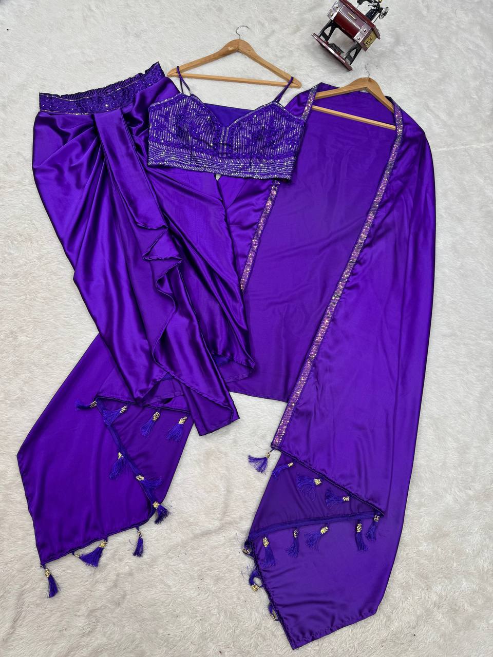 Violet Satin Silk Western Dhoti Set with Embellished Shrug