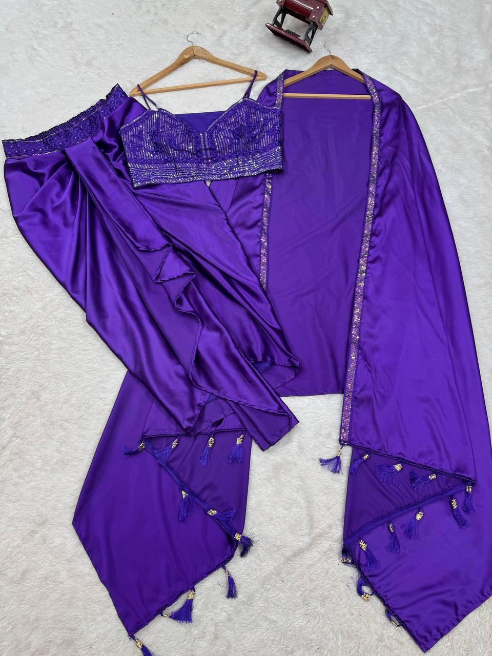Violet Satin Silk Western Dhoti Set with Embellished Shrug