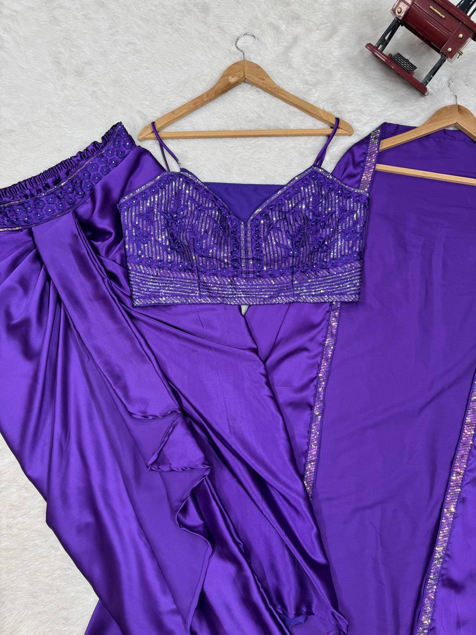 Violet Satin Silk Western Dhoti Set with Embellished Shrug