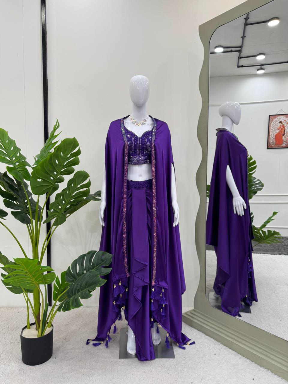 Violet satin silk western dhoti set with thread sequence work and matching shrug