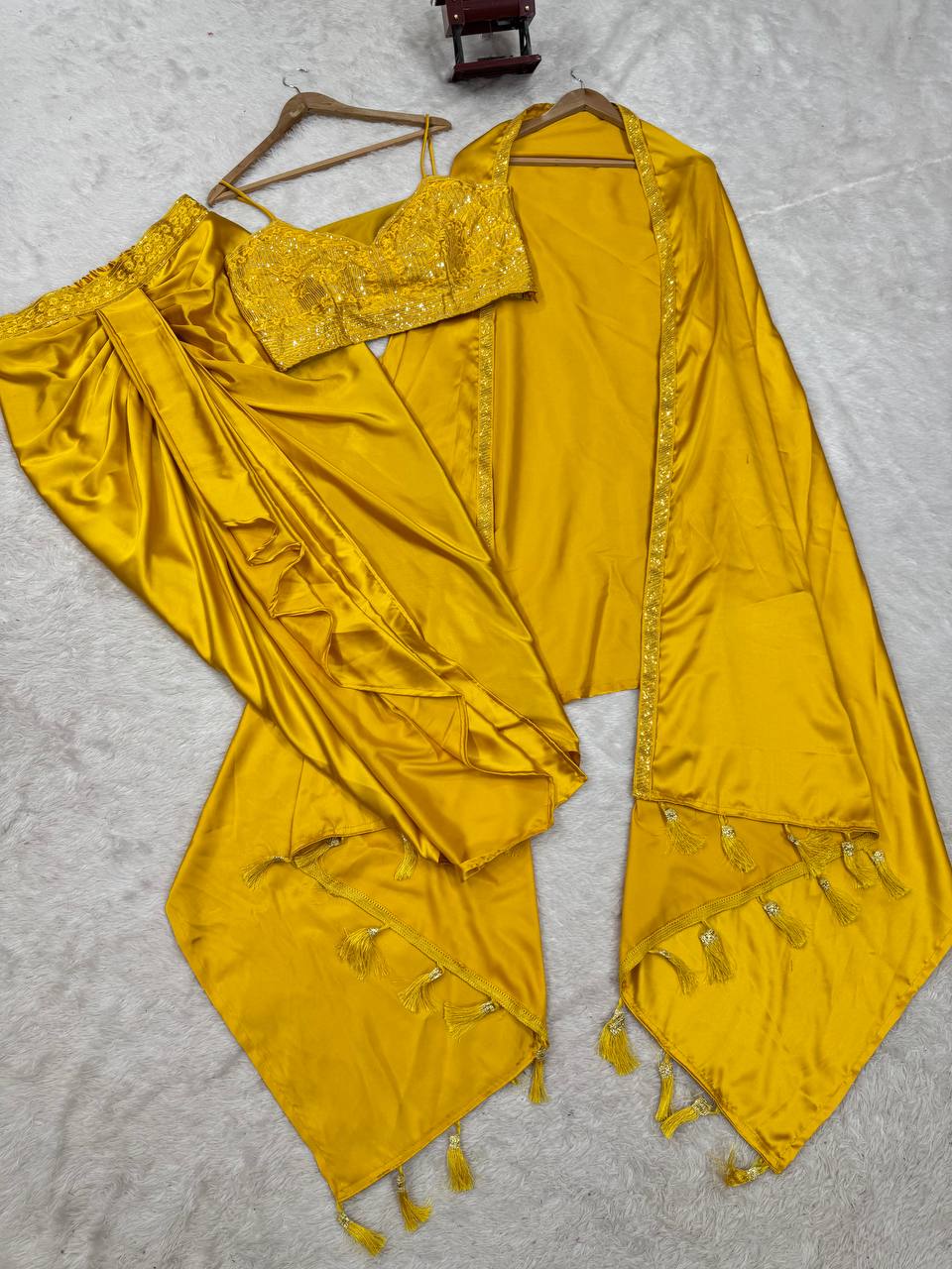 Yellow Satin Silk Western Dhoti Set with Thread Sequence and Shrug
