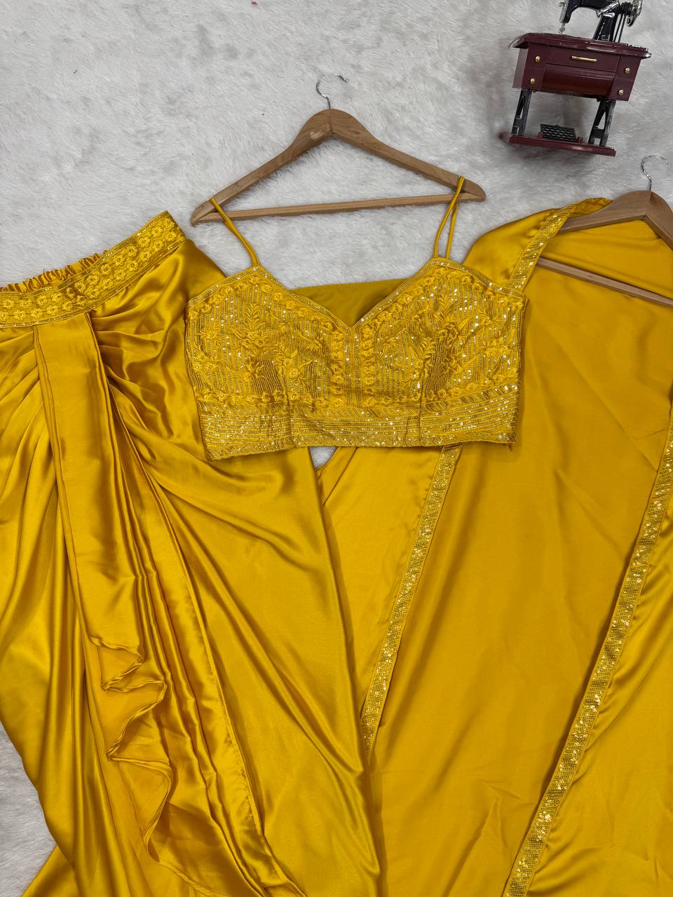 Yellow Satin Silk Western Dhoti Set with Thread Sequence and Shrug
