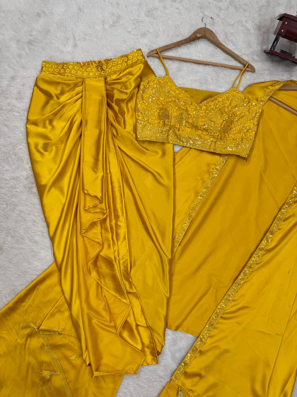 Yellow Satin Silk Western Dhoti Set with Thread Sequence and Shrug