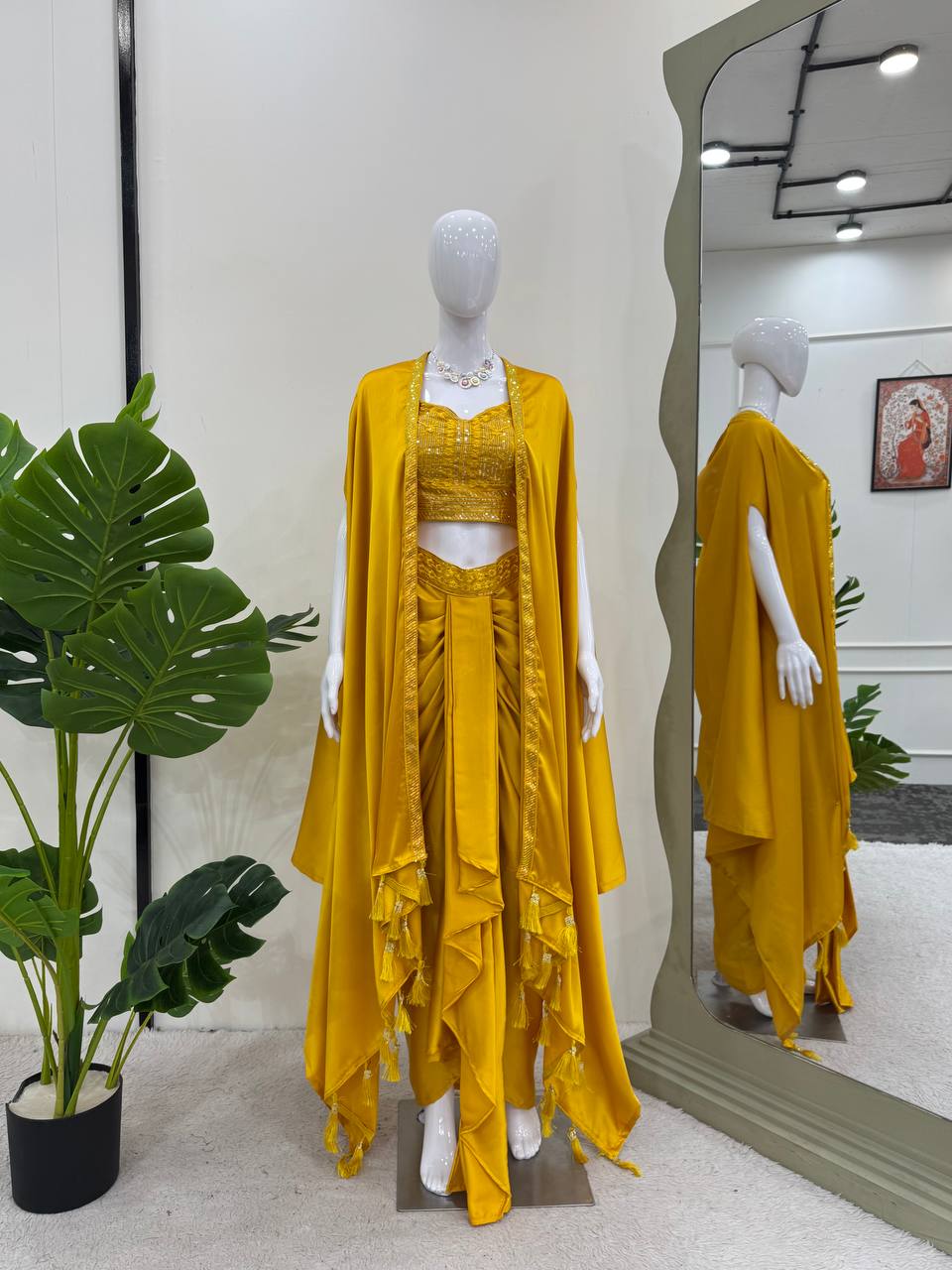 Yellow satin silk dhoti set with thread sequence detail and matching shrug