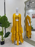 Yellow satin silk dhoti set with thread sequence detail and matching shrug
