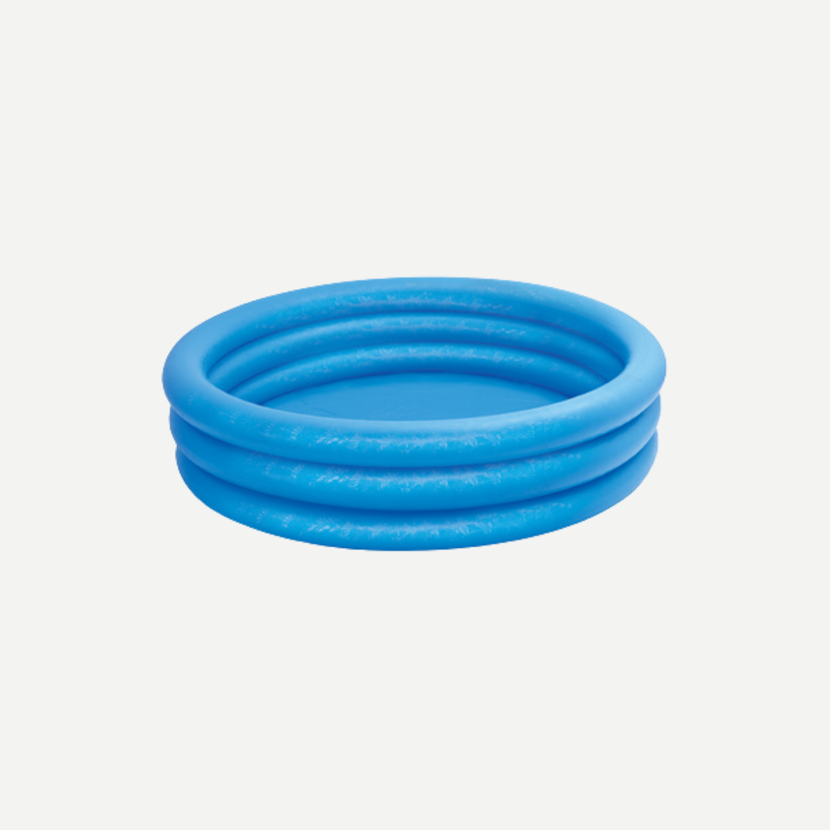 A bright blue inflatable round swimming pool for children on a white background.