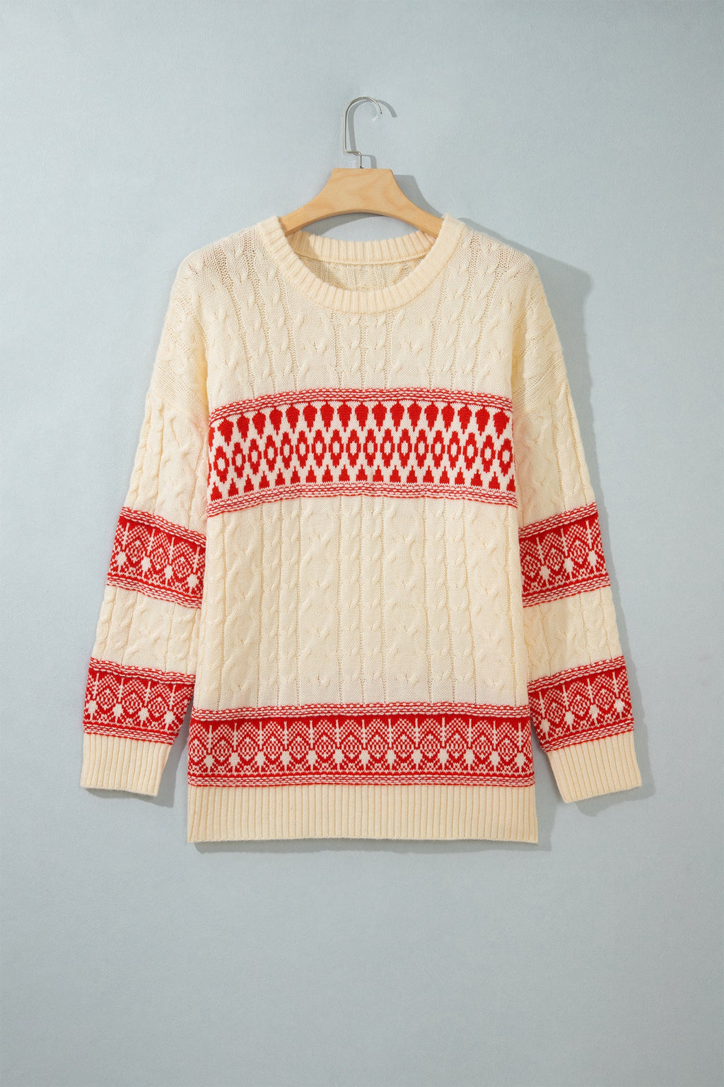 Western Fair Isle Cable Knit Round Neck Sweater