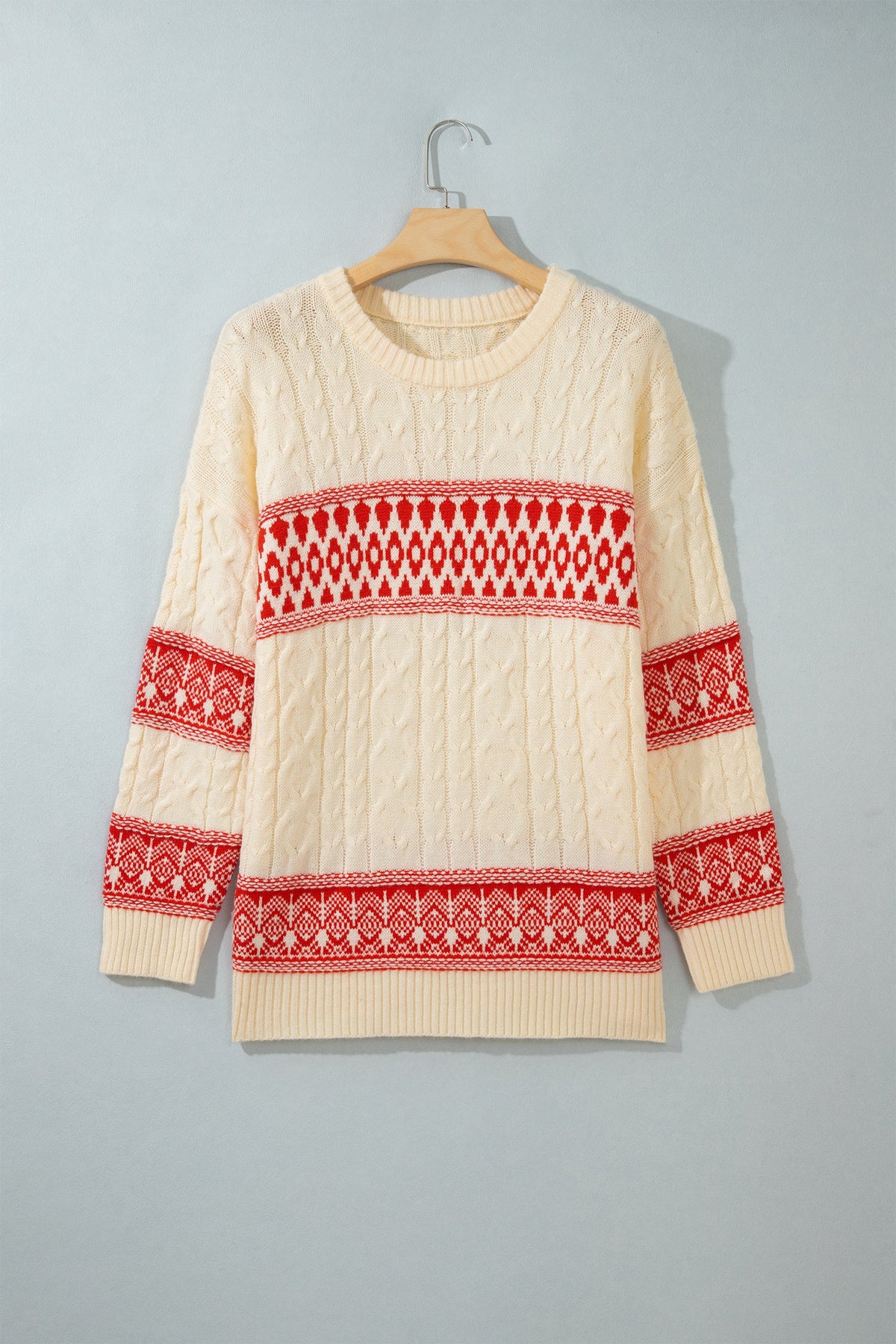 Western Fair Isle Cable Knit Round Neck Sweater