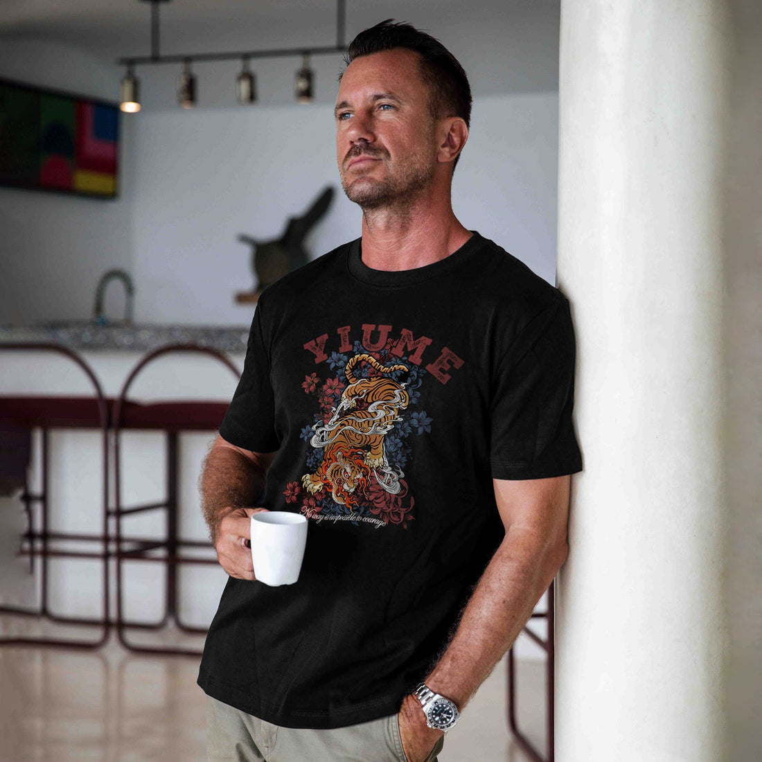 Men's black t-shirt with an Asian-inspired graphic of a tiger, chrysanthemums, and clouds.
