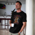 Men's black t-shirt with an Asian-inspired graphic of a tiger, chrysanthemums, and clouds.